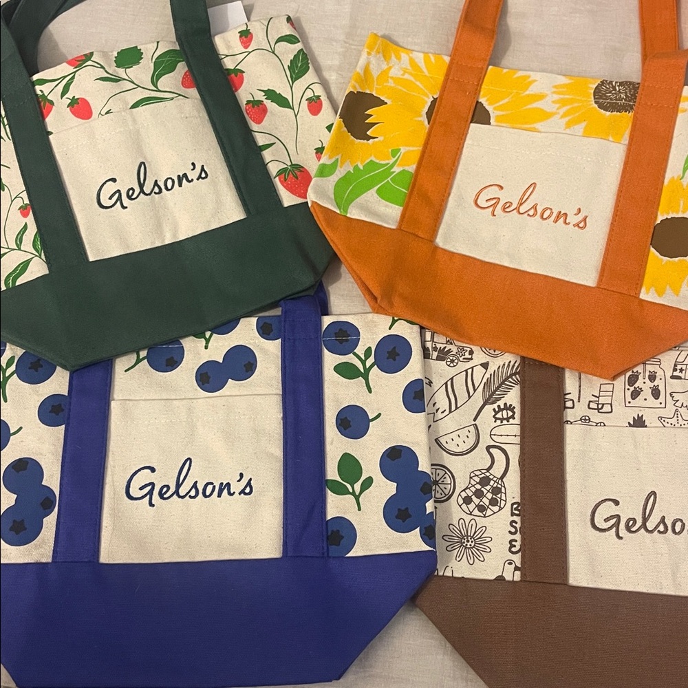 Set of FOUR Gelsons Tote Bags - Green, Brown, Orange, Blue